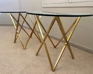 2pc contemporary Gold X Frame Glass Top End Tables Nightstands 21in H x 23.75in Diameter