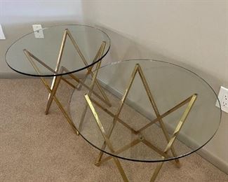 2pc contemporary Gold X Frame Glass Top End Tables Nightstands 21in H x 23.75in Diameter