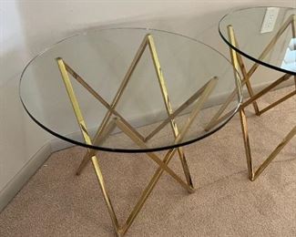 2pc contemporary Gold X Frame Glass Top End Tables Nightstands 21in H x 23.75in Diameter