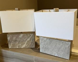 2pc Contemporary Travertine Lamps PAIR 18.5 x 13.25 x7in HxWxD