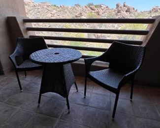 3pc All Weather Wicker Outdoor Patio Bistro Set Table & 2 Chairs Chairs: 31.5 x 24 x 22in Table: 29in H x 25.75in diameter