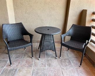 3pc All Weather Wicker Outdoor Patio Bistro Set Table & 2 Chairs Chairs: 31.5 x 24 x 22in Table: 29in H x 25.75in diameter