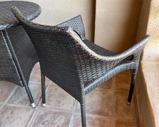 3pc All Weather Wicker Outdoor Patio Bistro Set Table & 2 Chairs Chairs: 31.5 x 24 x 22in Table: 29in H x 25.75in diameter