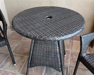 3pc All Weather Wicker Outdoor Patio Bistro Set Table & 2 Chairs Chairs: 31.5 x 24 x 22in Table: 29in H x 25.75in diameter