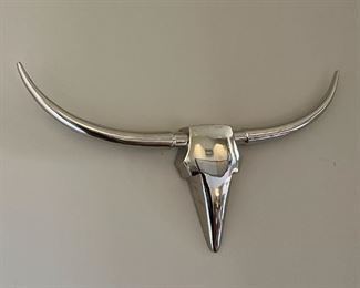 Contemporary Longhorn Polished Aluminum Bull Head Decor 25x46in