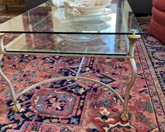 Karastan Heriz pattern rug 8'7" x 12'6" from India, fabulous double glass coffee table with iron base