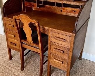 Great Size ! Not too big..1920’s  London by  Harris Lebus , The Lebus Desk…desirable, great condition w/Chair…Tambour Rolltop…all the compartments needed