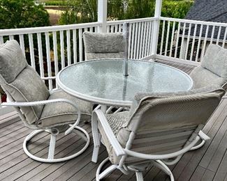 Beautiful As New….Deck Outdoor Furniture: Table w/Umbrella & 4 Matching Chairs….Glider Loveseat…(2) Lounge Chairs & Swival Rocker w/Ottoman