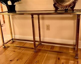 Modern Entry /Sofa Table in Antiqued Brass, Glass top