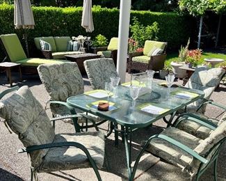 Glass Patio Table with 6 Chairs & Cushions