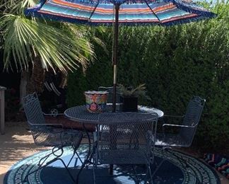 Patio Table w 4 Chairs and Umbrella, Area Rug
