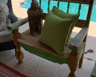Rustic Bench, Statue, Pillows