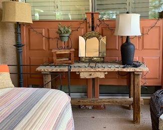 Rustic Table, Hammered Metal Lamp, Mirror, Twin Headboards, Daybed