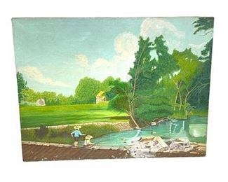 Lot 239
Antique Folk Art Oil Painting Fishing Scene