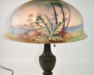 Antique Pairpoint Reverse Painted Lamp Palm Trees Tropical Scene Signed