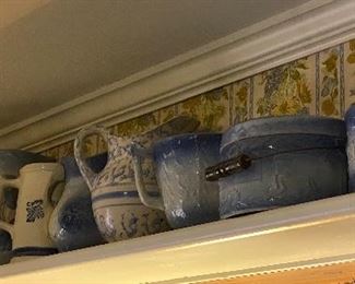 Numerous Pieces of Blue and Grey Stoneware Pottery