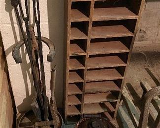 Old Galvanized Cans/Fireplace Tools/Storage Cabinet