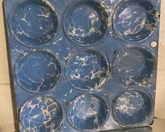 Blue and White Enamelware Muffin Pan