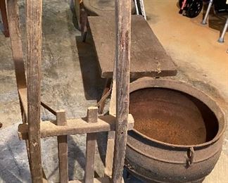 Wooden Toboggan/Cast Iron Stew Pot