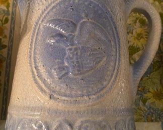 Blue and White Stoneware Pitcher with Patriotic Design