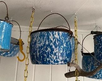 Numerous Old Blue and White Swirl Buckets and Kitchen Items