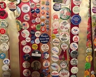HUGE pinback button collection including buttons dating back to the early 1930's   Many eras and themes in this collection-it is wide and random and interesting and fun.  