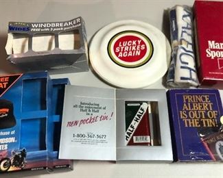 Huge selection of tobacco company promo items to include lighters, matches, belt buckles, money clips, clocks, scarves and more, multiples of many items. 
