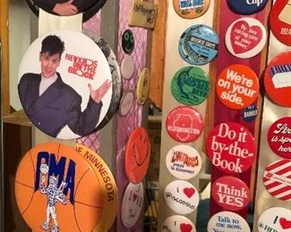 HUGE pinback button collection including buttons dating back to the early 1930's   Many eras and themes in this collection-it is wide and random and interesting and fun.  