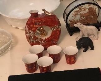 Vintage Japan Lithophane Sake Set with Geisha Girl magic eye cups