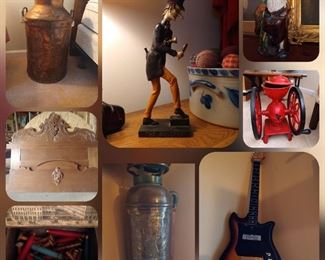 • Glaxo Chivilcoy 26" Cooper milk can
• Elk Hart metal fire extinguisher
• K E-100 electric tulip guitar
• Enterprise cast iron hand crank grinder/  
Swift Mill 
• The Snooper cast iron door stop
• Handmade vintage mahogany bed
• various housewares and collectables.
