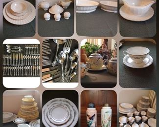•Flintridge china "Park Lane platinum" 
pattern setting for 12 .
• Other table setting items.
•Noritake china "Melissa" pattern setting  
for 8.
•Oneida silverware "Michelangelo" pattern 
setting for 12 *missing 1 large fork 
replacement cost is $15* 
• Other serving utensils
Milk glass shakers
There is a variety of cut glass water pitchers, glasses, and  bowls.