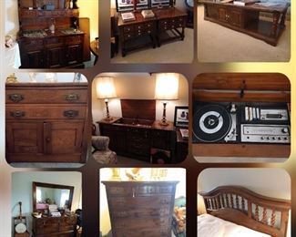 • Bennington pine Winooski of Vermont 
collection.
• Hutch
• Dining room table w/2 leafs and six 
chairs.
• Ethan Allen "old rustic tavern" 
• Highboy dresser
• Mirror
• Lowboy dresser
• Headboard and frame (queen size)
• Coffee table
• Corner table
• Two matching end tables
• Ash end tables
• Stereo console w/Magnavox record 
    player and 8 track player.
• Vinyls also available
• Oak dining table w/4 chairs
