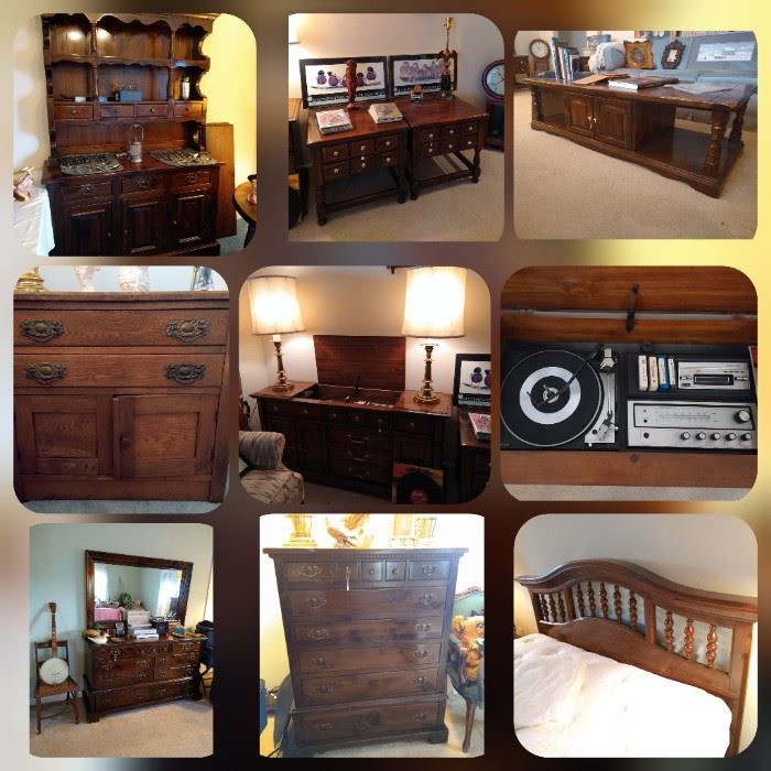 • Bennington pine Winooski of Vermont 
collection.
• Hutch
• Dining room table w/2 leafs and six 
chairs.
• Ethan Allen "old rustic tavern" 
• Highboy dresser
• Mirror
• Lowboy dresser
• Headboard and frame (queen size)
• Coffee table
• Corner table
• Two matching end tables
• Ash end tables
• Stereo console w/Magnavox record 
    player and 8 track player.
• Vinyls also available
• Oak dining table w/4 chairs
