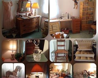 • Bernina record 930 electronic sewing 
    machine.
• Fold out sewing table/cabinet
• Ten DMC 3 drawer containers stacked on 
    a base.
• Multiple brass lamp sets
• Washstand/dresser w/mirror
A variety of figurines, housewares, and collectables.
