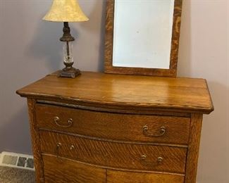 Tiger Oak Commode Wash Stand With Antique Mirror