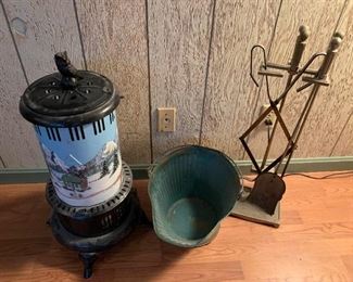 Vintage Kerosene Heater Coal Bucket And Fireplace Tools