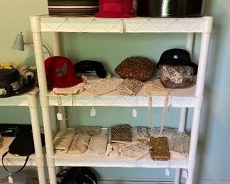 Beaded purses, antique cloth purses, hats 