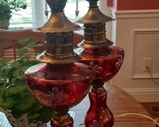 Antique cranberry etched glass lamps with shades