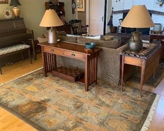 Living Room 
Mission style console, wool area rug(Stickley?), copper lamp