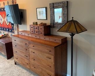 Primary Bedroom 
Stickley Cherry dresser, Mission style floor lamp, mirror