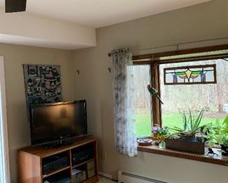 Family Room 
Cherry bookcase/tv console, wall hanging, area rug, tv & electronics, printer