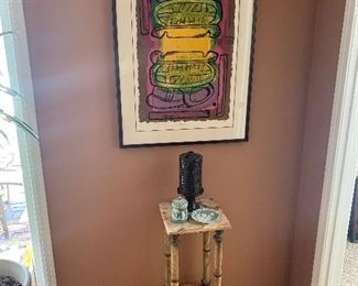 Dining Room 
“Mayan” by Sylvia Settel 6/17
Marble stand, Wedgewood pieces, pottery candle holder/light