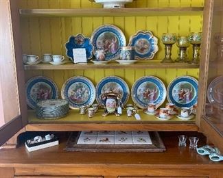 Dining Room 
Victoria Austria 10pcs, Austria loving cup, Enameled Bohemian Goblets-
(Attributed to Moser Glass)as is, Austria plates & cups, Royal Worcester footed dish w/ elephant handles 