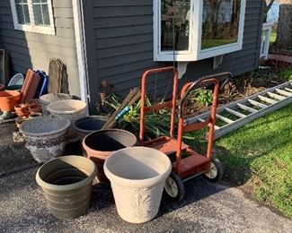 Outside 
Pots, wood cart