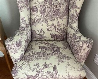 Custom Made Wing Chair with Stroheim and Romann Screen Print Country Toile Fabric