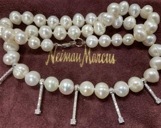 Cultured White Pearl Necklace w Diamond Accents
