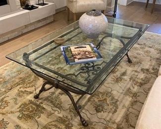 56" x 32" x 20" Glass Topped Coffee Table along with Wool Area Rug (9 x 13)