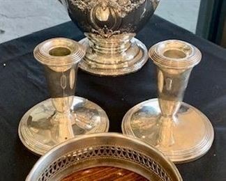 Sterling water pitcher and candle sticks