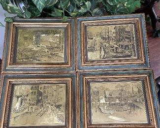 Framed Lionel Barrymore, Foil Art, Dry Dock, Harbor Shelter, Home Port, Water Front, Foil Etchings, Set of 4