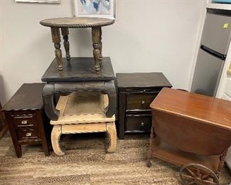 Side tables and cute cart.